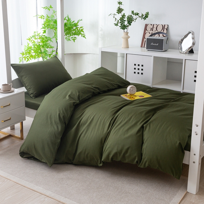 91家纺网 家纺一手货源 找家纺 简冠家纺 2025新款13372全棉纯色学生三件套 军绿色