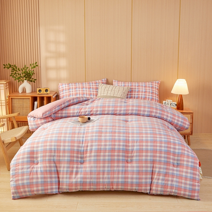 91家纺网 家纺一手货源 找家纺 美尔惠家纺 2025新款无印水洗棉格子春秋被冬被被子被芯学生季被芯 云舒粉