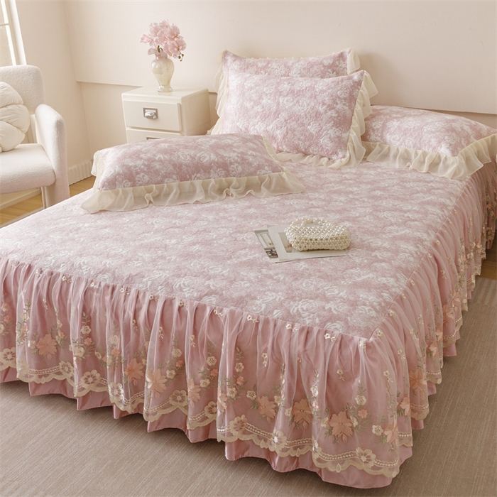 91家纺网 家纺一手货源 找家纺 好儿喜家纺 2025新款海洋丝凉感豆豆床裙凉席-巴黎玫瑰 巴黎玫瑰粉