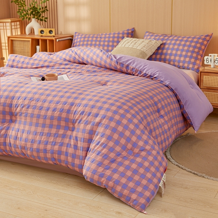 91家纺网 家纺一手货源 找家纺 美尔惠家纺 2025新款无印水洗棉格子春秋被冬被被子被芯学生季被芯 粉紫中格