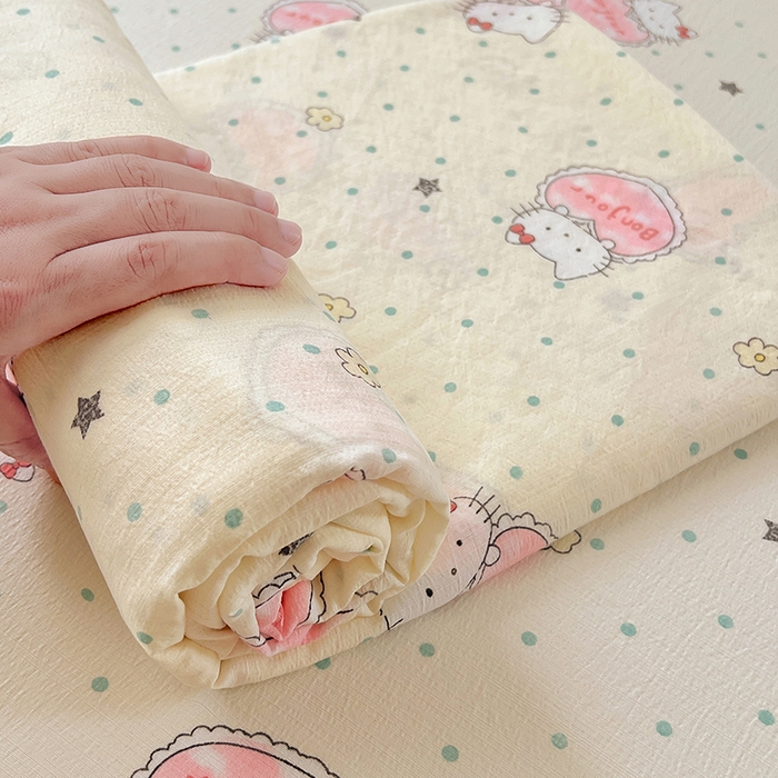 91家纺网 家纺一手货源 找家纺 卡迪熊家纺 2025新款印花木m双层纱床单系列 木m双层纱-萌球喵喵