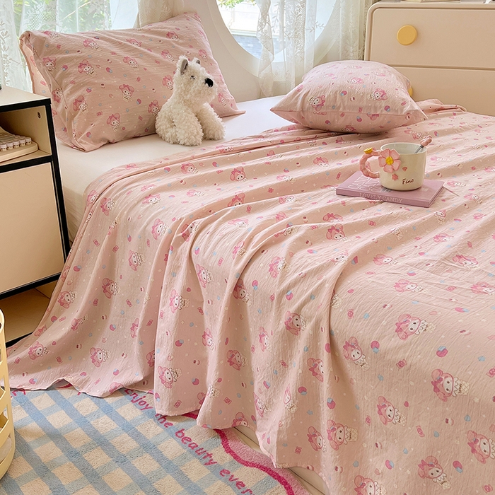 91家纺网 家纺一手货源 找家纺 彩韵家纺 2025新款印花木m双层纱床单系列 木m双层纱-马卡兔兔