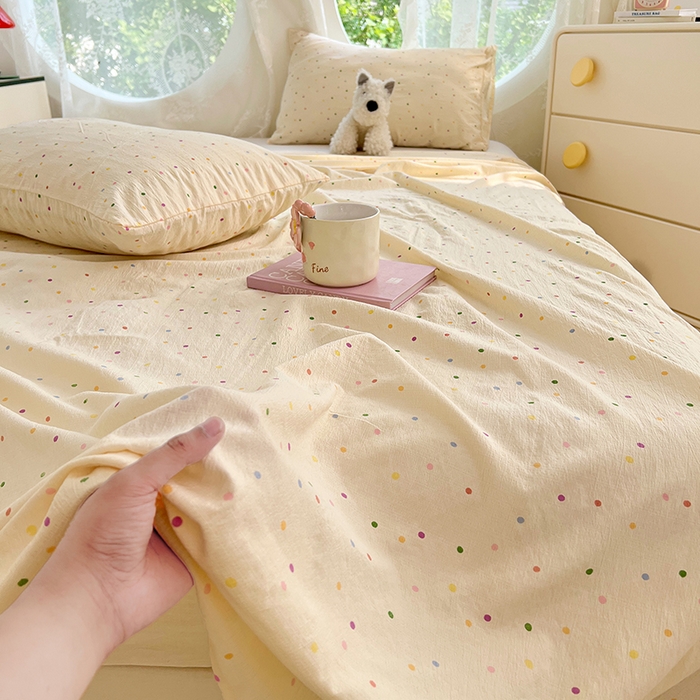 91家纺网 家纺一手货源 找家纺 彩韵家纺 2025新款印花木m双层纱床单系列 木m双层纱-奶油波点