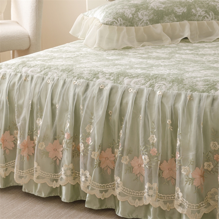 91家纺网 家纺一手货源 找家纺 好儿喜家纺 2025新款海洋丝凉感豆豆床裙凉席-巴黎玫瑰 巴黎玫瑰绿