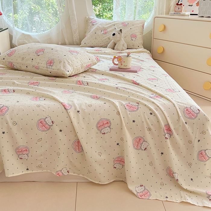 91家纺网 家纺一手货源 找家纺 彩韵家纺 2025新款印花木m双层纱床单系列 木m双层纱-萌球喵喵