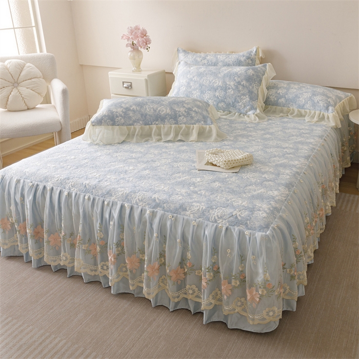 91家纺网 家纺一手货源 找家纺 好儿喜家纺 2025新款海洋丝凉感豆豆床裙凉席-巴黎玫瑰 巴黎玫瑰蓝