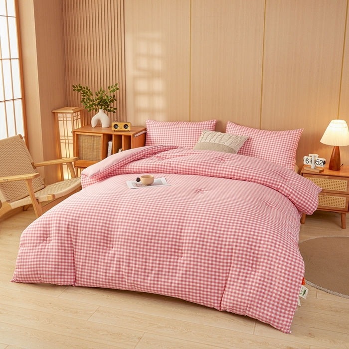 91家纺网 家纺一手货源 找家纺 美尔惠家纺 2025新款无印水洗棉格子春秋被冬被被子被芯学生季被芯 粉小格