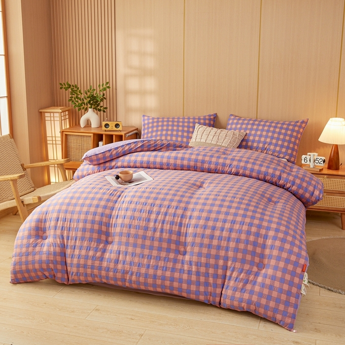 91家纺网 家纺一手货源 找家纺 美尔惠家纺 2025新款无印水洗棉格子春秋被冬被被子被芯学生季被芯 粉紫中格