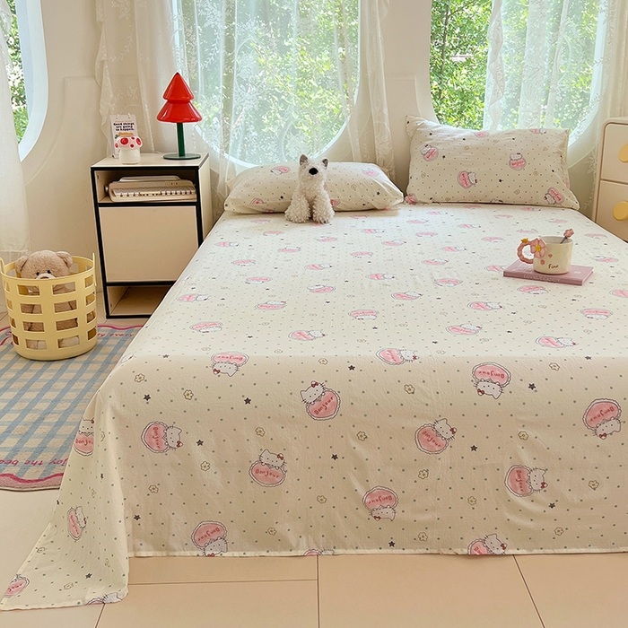 91家纺网 家纺一手货源 找家纺 卡迪熊家纺 2025新款印花木m双层纱床单系列 木m双层纱-萌球喵喵