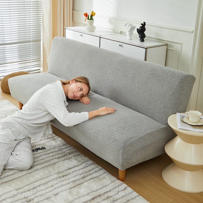 91家纺网 家纺一手货源 找家纺 逐日沙发套2025新款大树叶沙发床套 防水提花大树叶 -浅灰