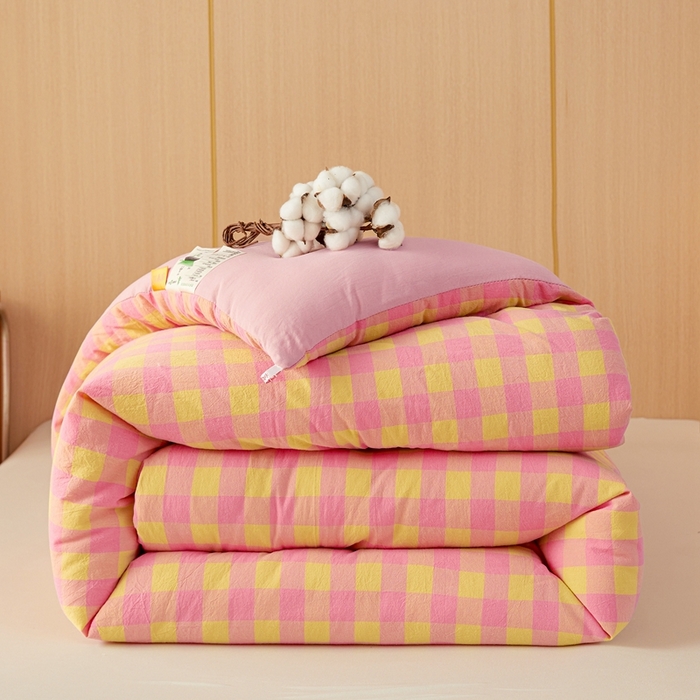 91家纺网 家纺一手货源 找家纺 美尔惠家纺 2025新款无印水洗棉格子春秋被冬被被子被芯学生季被芯 粉黄中格