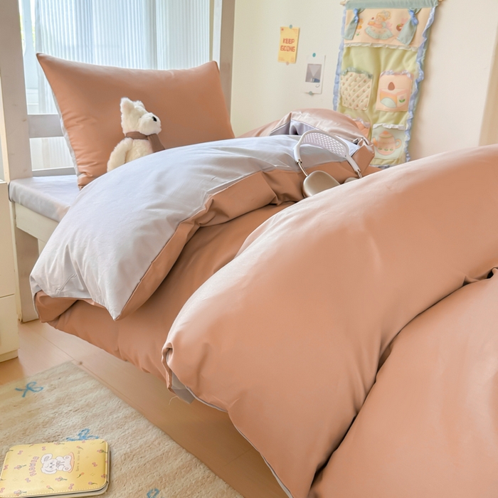 91家纺网 家纺一手货源 找家纺 简冠家纺 2025新款13372全棉纯色学生三件套 藕粉+浅灰