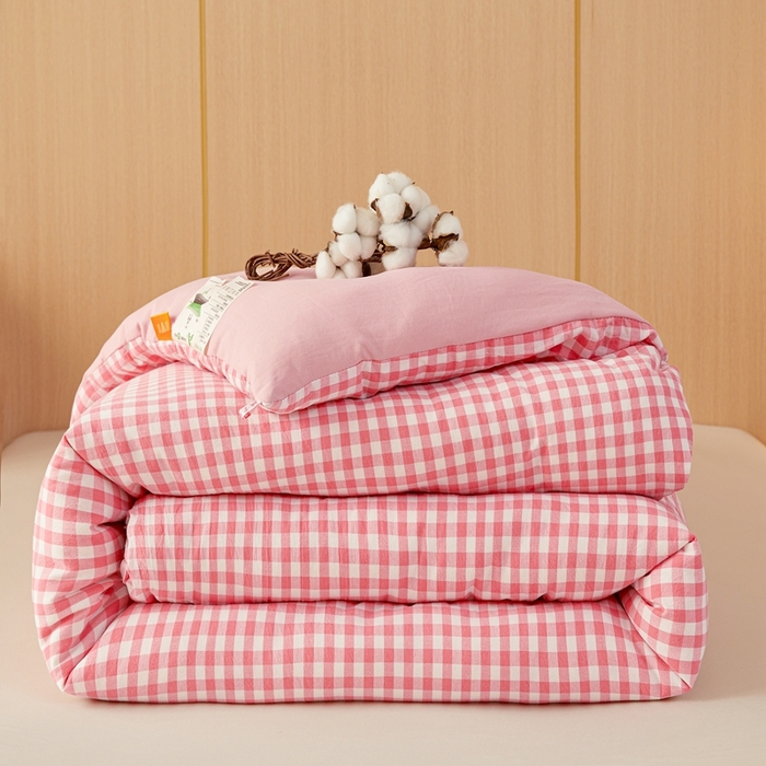 91家纺网 家纺一手货源 找家纺 美尔惠家纺 2025新款无印水洗棉格子春秋被冬被被子被芯学生季被芯 粉小格