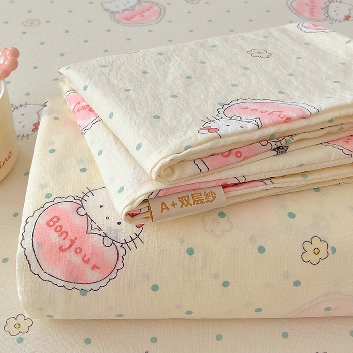 91家纺网 家纺一手货源 找家纺 彩韵家纺 2025新款印花木m双层纱床单系列 木m双层纱-萌球喵喵