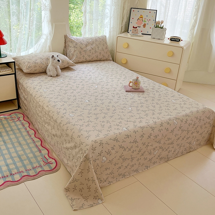 91家纺网 家纺一手货源 找家纺 卡迪熊家纺 2025新款印花木m双层纱床单系列 木m双层纱-兔悦花草