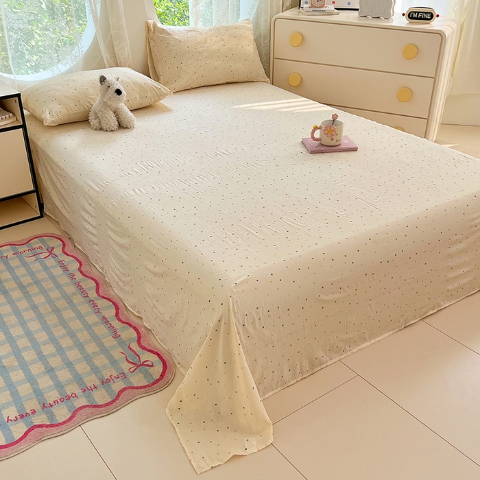 91家纺网 家纺一手货源 找家纺 彩韵家纺 2025新款印花木m双层纱床单系列 木m双层纱-奶油波点