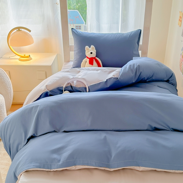 91家纺网 家纺一手货源 找家纺 简冠家纺 2025新款13372全棉纯色学生三件套 蓝+灰