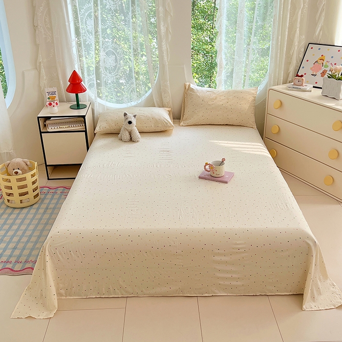 91家纺网 家纺一手货源 找家纺 彩韵家纺 2025新款印花木m双层纱床单系列 木m双层纱-奶油波点