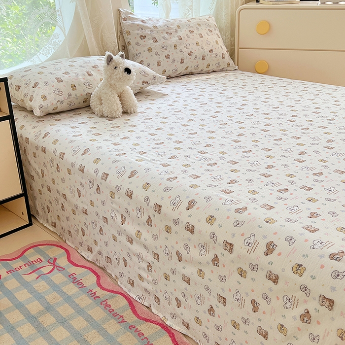 91家纺网 家纺一手货源 找家纺 彩韵家纺 2025新款印花木m双层纱床单系列 木m双层纱-汪星派对