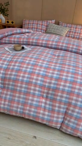 91家纺网 家纺一手货源 找家纺 美尔惠家纺 2025新款无印水洗棉格子春秋被冬被被子被芯学生季被芯 云舒粉