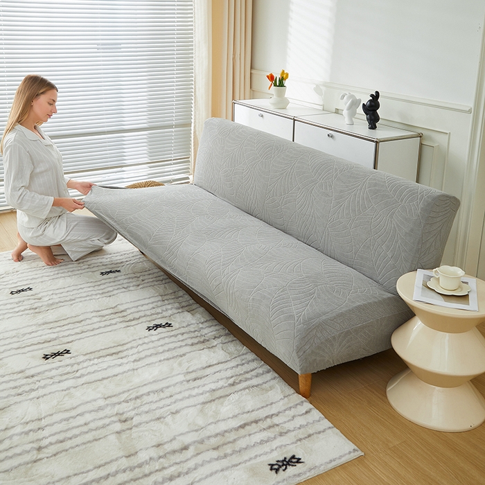 91家纺网 家纺一手货源 找家纺 逐日沙发套2025新款大树叶沙发床套 防水提花大树叶 -浅灰