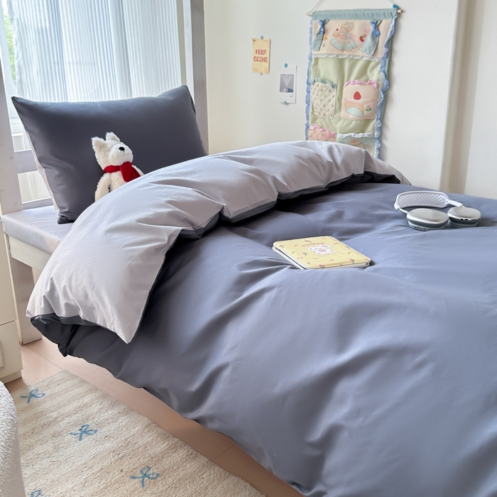 91家纺网 家纺一手货源 找家纺 简冠家纺 2025新款13372全棉纯色学生三件套 深灰+浅灰