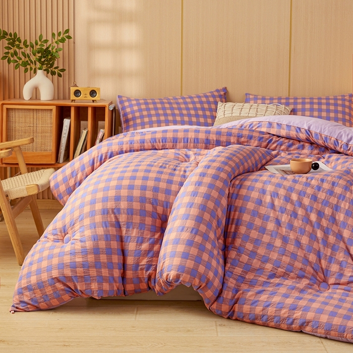 91家纺网 家纺一手货源 找家纺 美尔惠家纺 2025新款无印水洗棉格子春秋被冬被被子被芯学生季被芯 粉紫中格