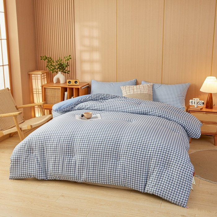 91家纺网 家纺一手货源 找家纺 美尔惠家纺 2025新款无印水洗棉格子春秋被冬被被子被芯学生季被芯 蓝小格