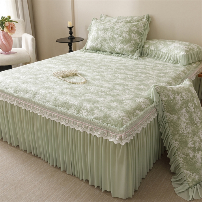 91家纺网 家纺一手货源 找家纺 好儿喜家纺 2025新款海洋丝凉感豆豆床裙凉席-缤纷玫瑰 缤纷玫瑰-绿