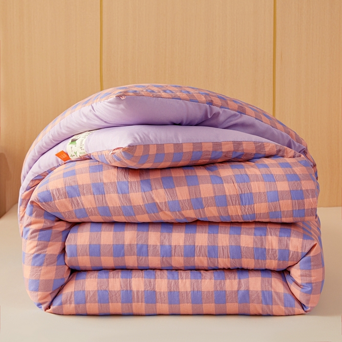 91家纺网 家纺一手货源 找家纺 美尔惠家纺 2025新款无印水洗棉格子春秋被冬被被子被芯学生季被芯 粉紫中格