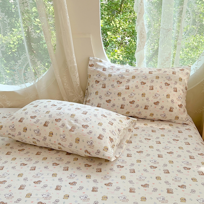 91家纺网 家纺一手货源 找家纺 彩韵家纺 2025新款印花木m双层纱床单系列 木m双层纱-汪星派对