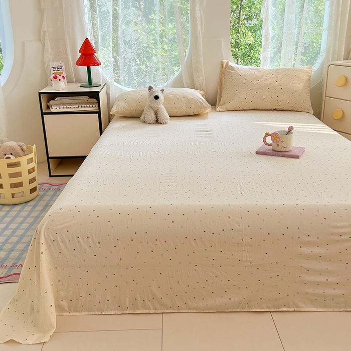 91家纺网 家纺一手货源 找家纺 彩韵家纺 2025新款印花木m双层纱床单系列 木m双层纱-奶油波点