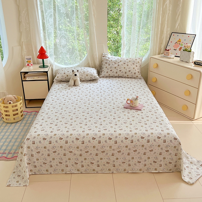 91家纺网 家纺一手货源 找家纺 彩韵家纺 2025新款印花木m双层纱床单系列 木m双层纱-汪星派对