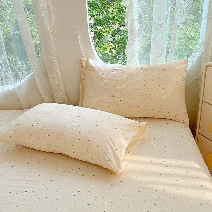 91家纺网 家纺一手货源 找家纺 彩韵家纺 2025新款印花木m双层纱床单系列 木m双层纱-奶油波点