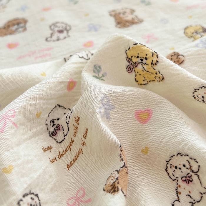 91家纺网 家纺一手货源 找家纺 彩韵家纺 2025新款印花木m双层纱床单系列 木m双层纱-汪星派对