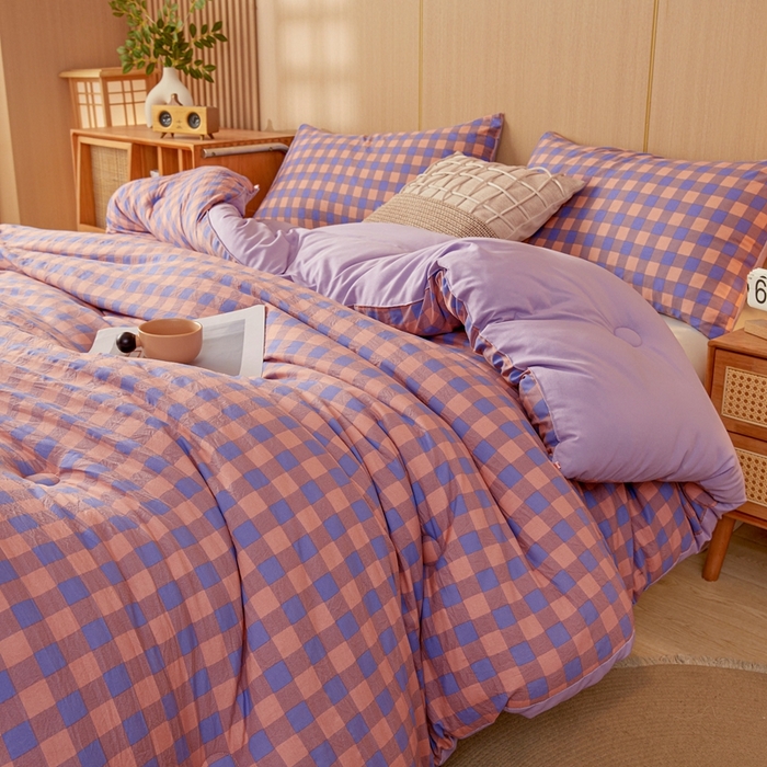 91家纺网 家纺一手货源 找家纺 美尔惠家纺 2025新款无印水洗棉格子春秋被冬被被子被芯学生季被芯 粉紫中格
