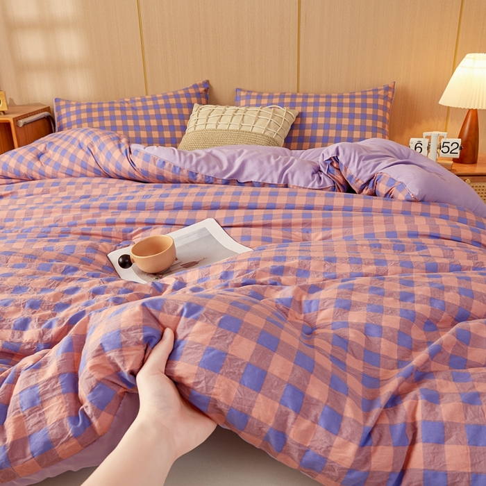 91家纺网 家纺一手货源 找家纺 美尔惠家纺 2025新款无印水洗棉格子春秋被冬被被子被芯学生季被芯 粉紫中格