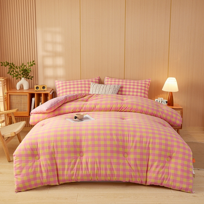 91家纺网 家纺一手货源 找家纺 美尔惠家纺 2025新款无印水洗棉格子春秋被冬被被子被芯学生季被芯 粉黄中格