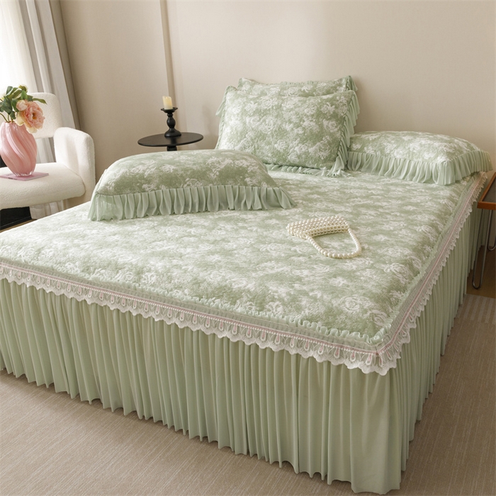 91家纺网 家纺一手货源 找家纺 好儿喜家纺 2025新款海洋丝凉感豆豆床裙凉席-缤纷玫瑰 缤纷玫瑰-绿