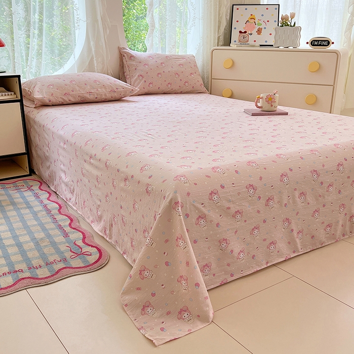 91家纺网 家纺一手货源 找家纺 卡迪熊家纺 2025新款印花木m双层纱床单系列 木m双层纱-马卡兔兔