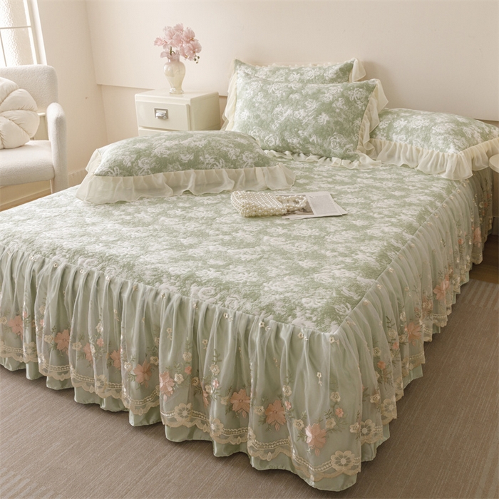 91家纺网 家纺一手货源 找家纺 好儿喜家纺 2025新款海洋丝凉感豆豆床裙凉席-巴黎玫瑰 巴黎玫瑰绿