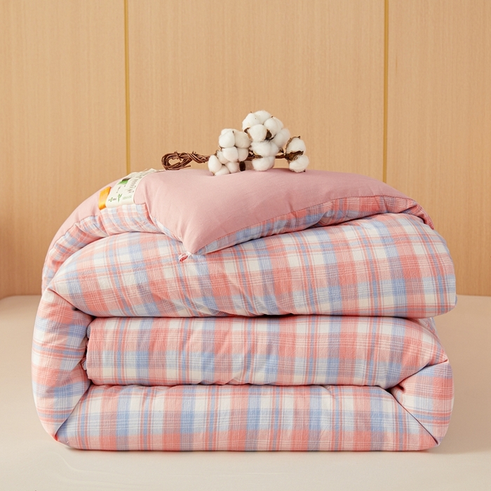 91家纺网 家纺一手货源 找家纺 美尔惠家纺 2025新款无印水洗棉格子春秋被冬被被子被芯学生季被芯 云舒粉