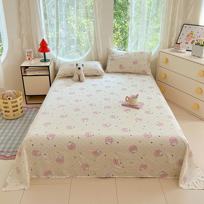 91家纺网 家纺一手货源 找家纺 彩韵家纺 2025新款印花木m双层纱床单系列 木m双层纱-萌球喵喵