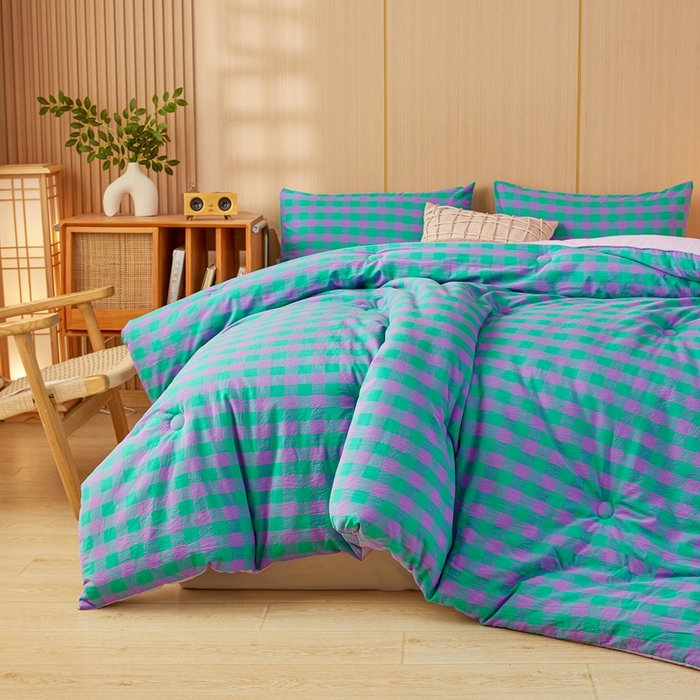 91家纺网 家纺一手货源 找家纺 美尔惠家纺 2025新款无印水洗棉格子春秋被冬被被子被芯学生季被芯 绿野中格