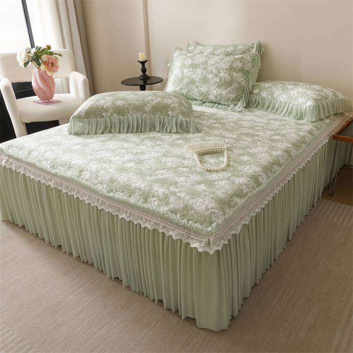 91家纺网 家纺一手货源 找家纺 好儿喜家纺 2025新款海洋丝凉感豆豆床裙凉席-缤纷玫瑰 缤纷玫瑰-绿