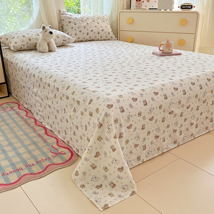 91家纺网 家纺一手货源 找家纺 卡迪熊家纺 2025新款印花木m双层纱床单系列 木m双层纱-汪星派对