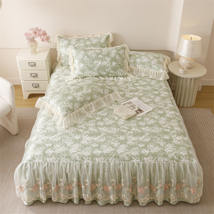 91家纺网 家纺一手货源 找家纺 好儿喜家纺 2025新款海洋丝凉感豆豆床裙凉席-巴黎玫瑰 巴黎玫瑰绿