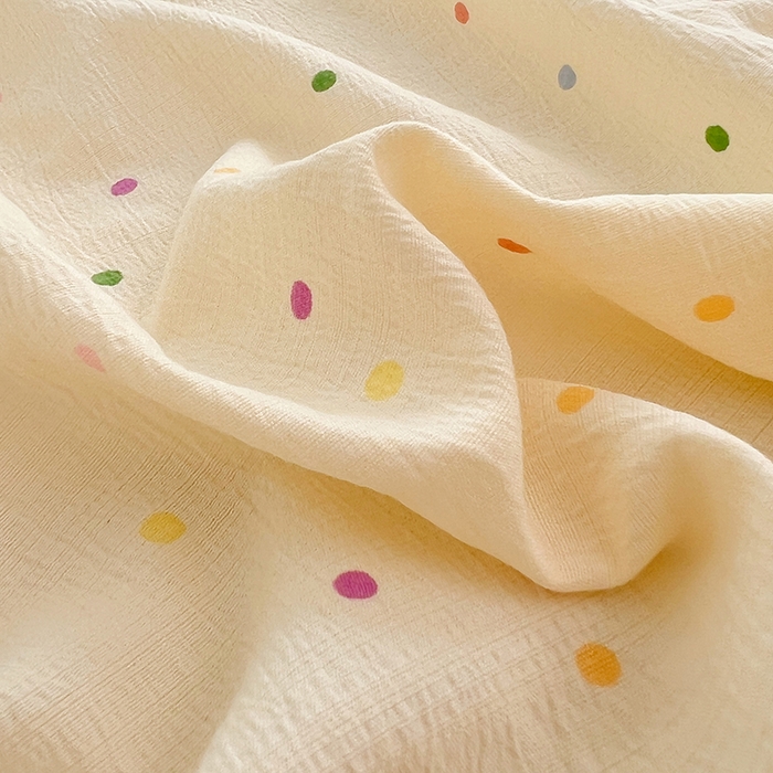 91家纺网 家纺一手货源 找家纺 彩韵家纺 2025新款印花木m双层纱床单系列 木m双层纱-奶油波点