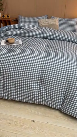 91家纺网 家纺一手货源 找家纺 美尔惠家纺 2025新款无印水洗棉格子春秋被冬被被子被芯学生季被芯 蓝小格