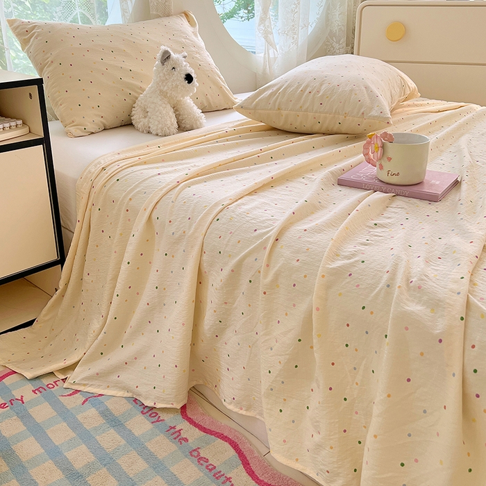 91家纺网 家纺一手货源 找家纺 彩韵家纺 2025新款印花木m双层纱床单系列 木m双层纱-奶油波点